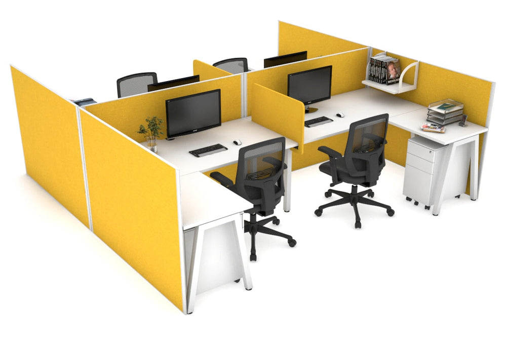 Quadro A Legs 4 Person Corner Workstation - H Configuration - White Frame [1600L x 1800W with Cable Scallop]-white mustard yellow biscuit panel