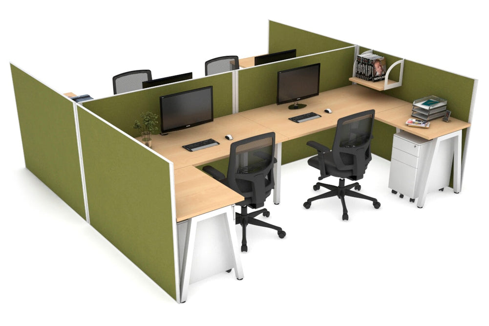 Quadro A Legs 4 Person Corner Workstation - H Configuration - White Frame [1600L x 1800W with Cable Scallop]-maple green moss none