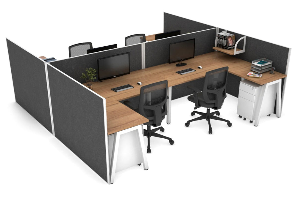 Quadro A Legs 4 Person Corner Workstation - H Configuration - White Frame [1600L x 1800W with Cable Scallop]-salvage oak moody charchoal none