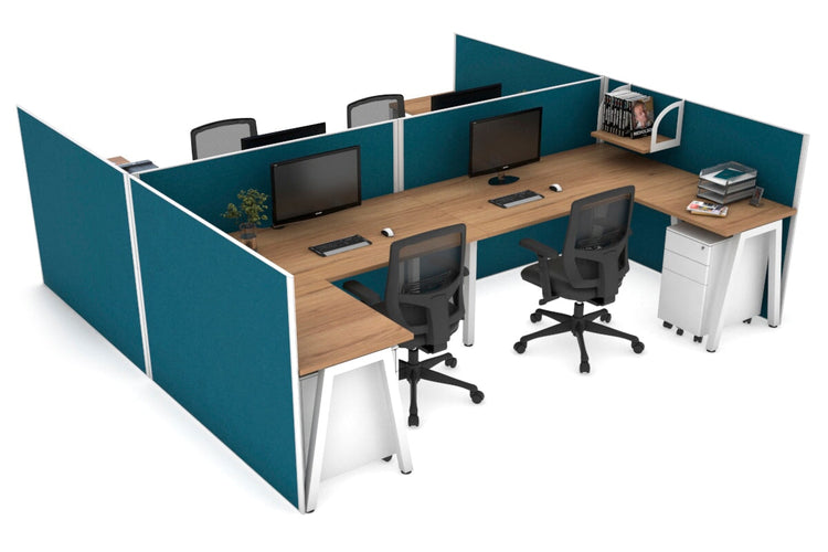 Quadro A leg 4 Person Corner Workstations - H Configuration - White Frame [1600L x 1800W with Cable Scallop] Jasonl salvage oak deep blue none