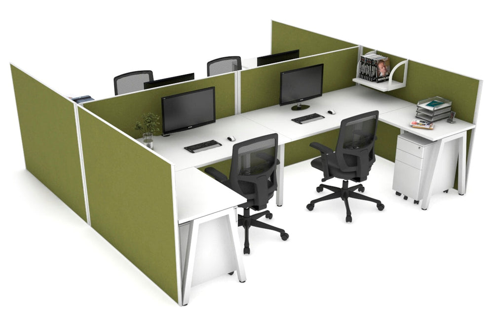 Quadro A Legs 4 Person Corner Workstation - H Configuration - White Frame [1600L x 1800W with Cable Scallop]-white green moss none