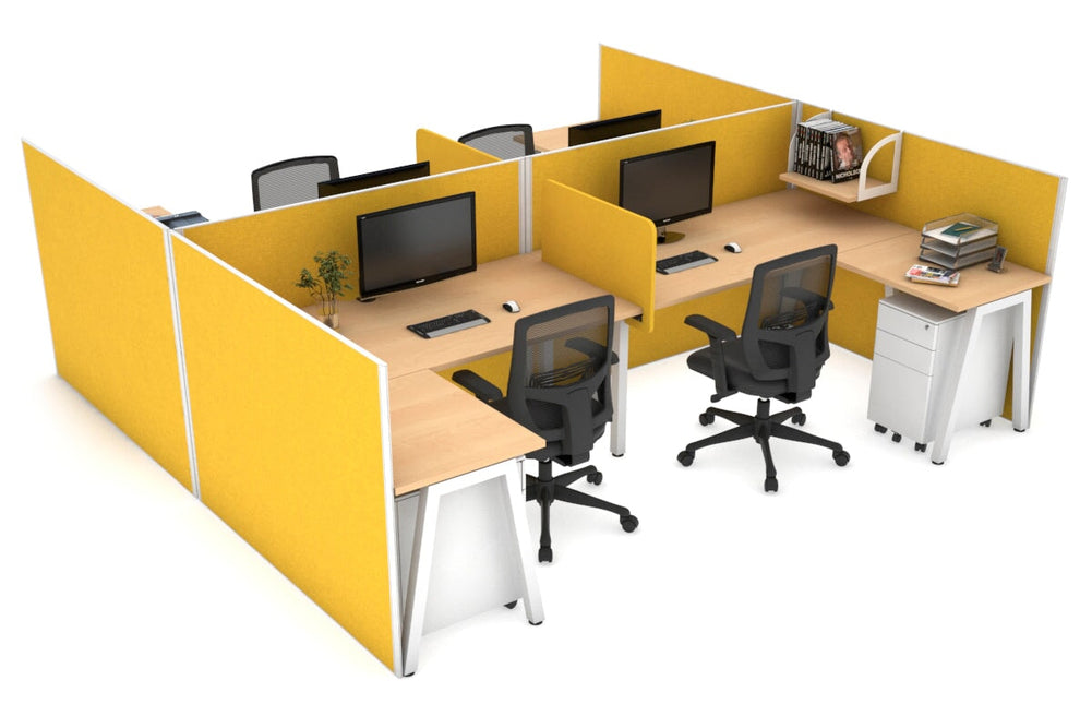 Quadro A Legs 4 Person Corner Workstation - H Configuration - White Frame [1600L x 1800W with Cable Scallop]-maple mustard yellow biscuit panel