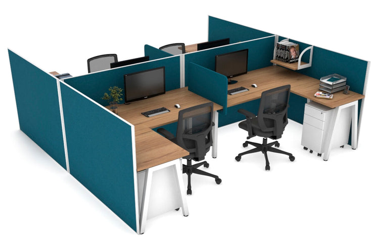 Quadro A leg 4 Person Corner Workstations - H Configuration - White Frame [1600L x 1800W with Cable Scallop] Jasonl salvage oak deep blue biscuit panel