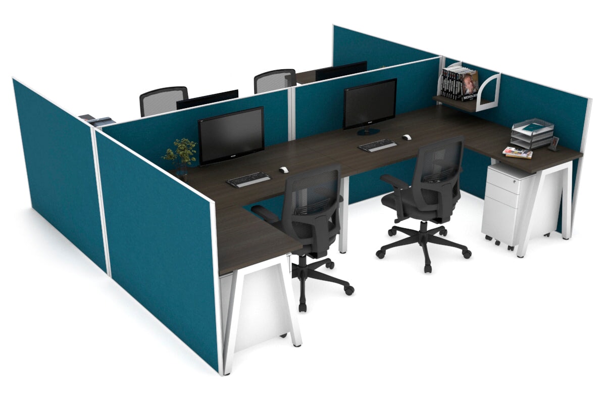 Quadro A leg 4 Person Corner Workstations - H Configuration - White Frame [1800L x 1800W with Cable Scallop] Jasonl dark oak deep blue none
