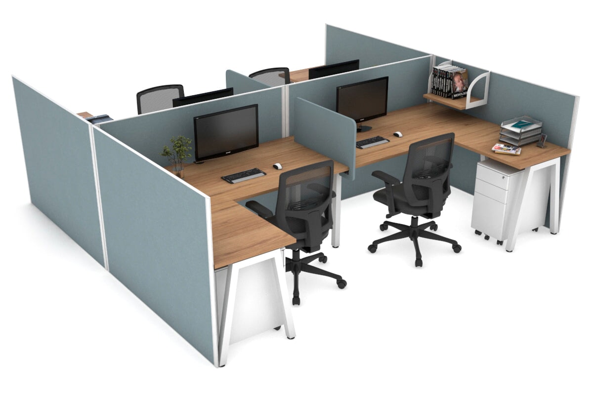 Quadro A leg 4 Person Corner Workstations - H Configuration - White Frame [1800L x 1800W with Cable Scallop] Jasonl salvage oak cool grey biscuit panel