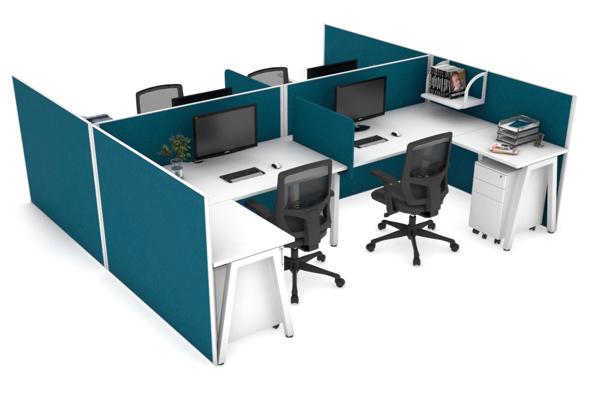 Quadro A leg 4 Person Corner Workstations - H Configuration - White Frame [1800L x 1800W with Cable Scallop] Jasonl white deep blue biscuit panel