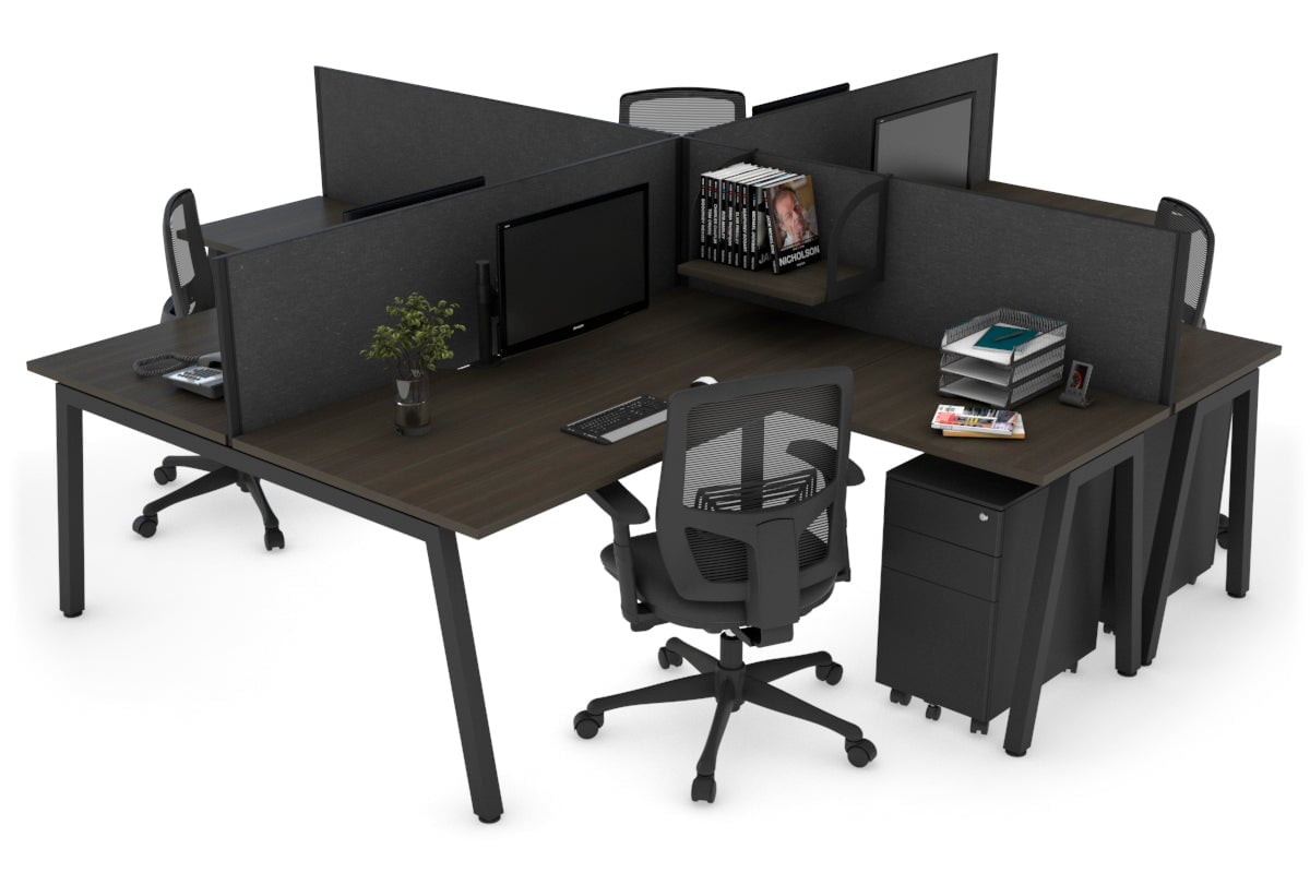 Quadro A leg 4 Person Corner Workstations [1400L x 1800W with Cable Scallop] Jasonl black leg dark oak moody charcoal