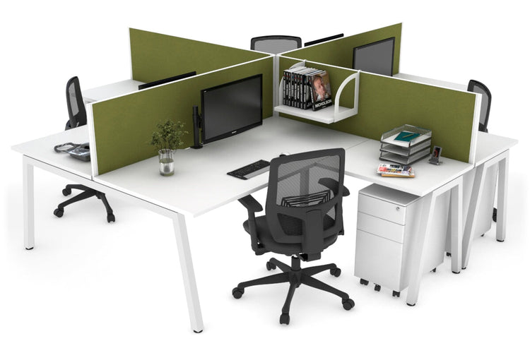 Quadro A leg 4 Person Corner Workstations [1400L x 1800W with Cable Scallop] Jasonl white leg white green moss