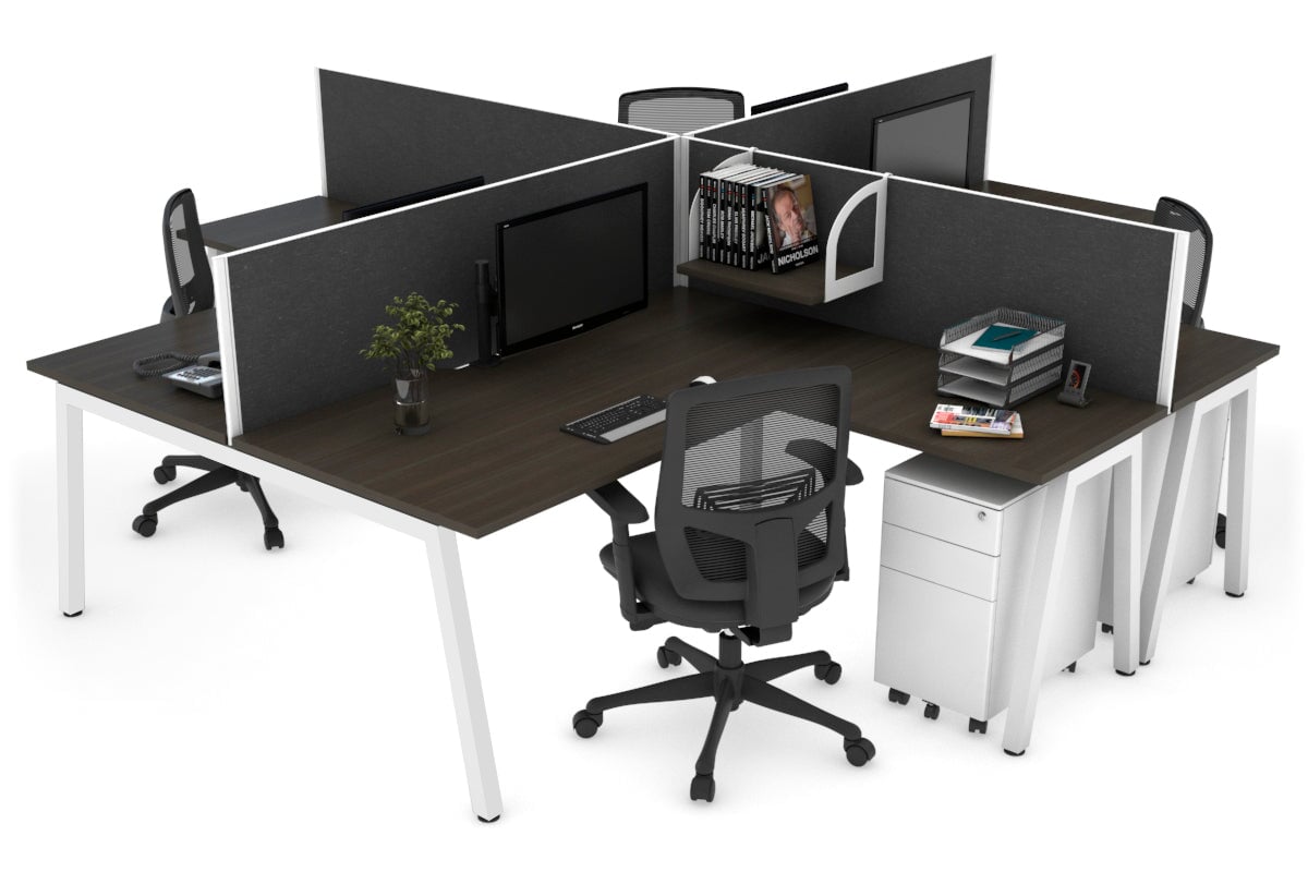 Quadro A leg 4 Person Corner Workstations [1400L x 1800W with Cable Scallop] Jasonl white leg dark oak moody charcoal