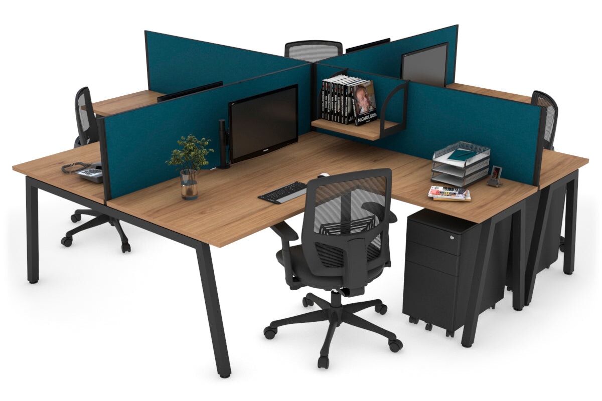 Quadro A leg 4 Person Corner Workstations [1400L x 1800W with Cable Scallop] Jasonl black leg salvage oak deep blue