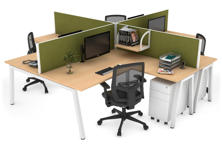 Quadro A leg 4 Person Corner Workstations [1400L x 1800W with Cable Scallop] Jasonl white leg maple green moss