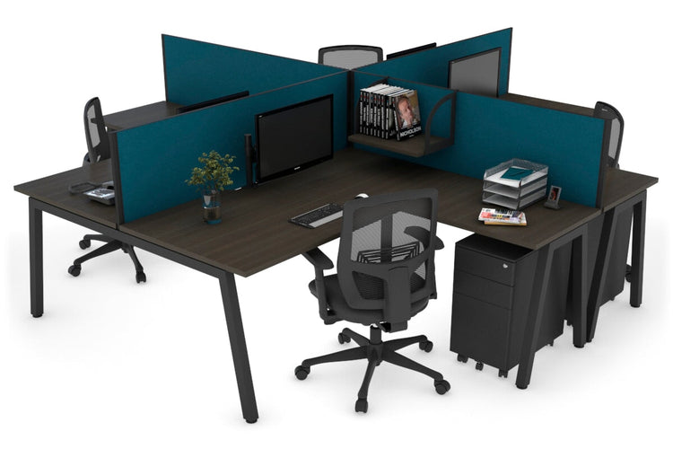 Quadro A leg 4 Person Corner Workstations [1400L x 1800W with Cable Scallop] Jasonl black leg dark oak deep blue