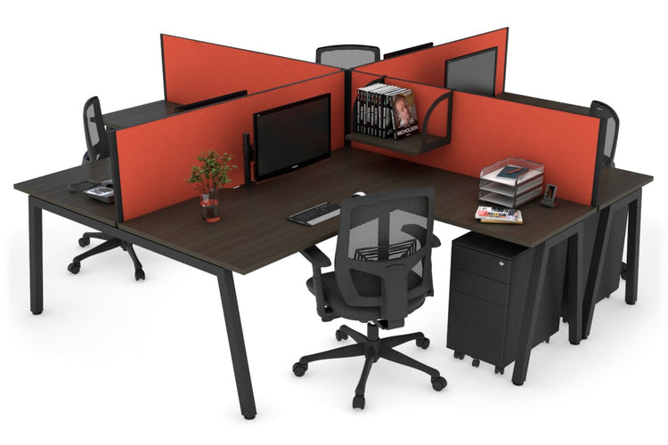 Quadro A leg 4 Person Corner Workstations [1400L x 1800W with Cable Scallop] Jasonl black leg dark oak squash orange