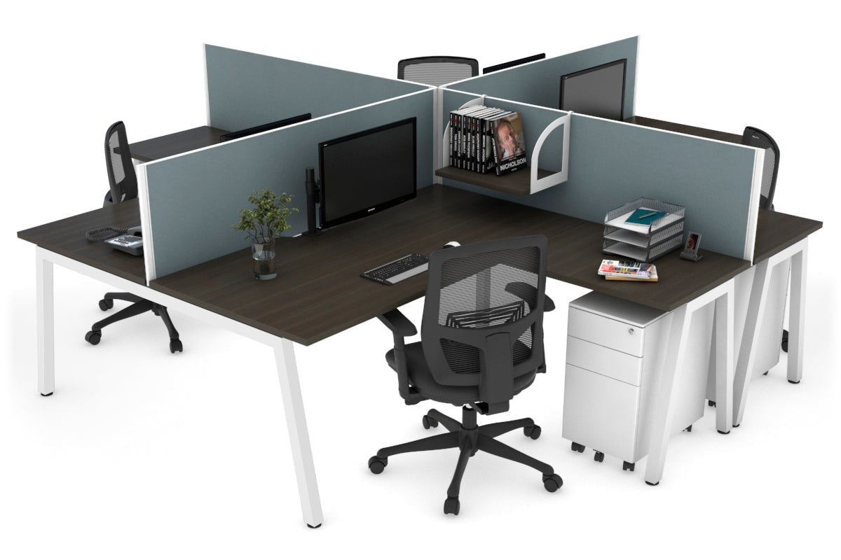 Quadro A leg 4 Person Corner Workstations [1400L x 1800W with Cable Scallop] Jasonl white leg dark oak cool grey