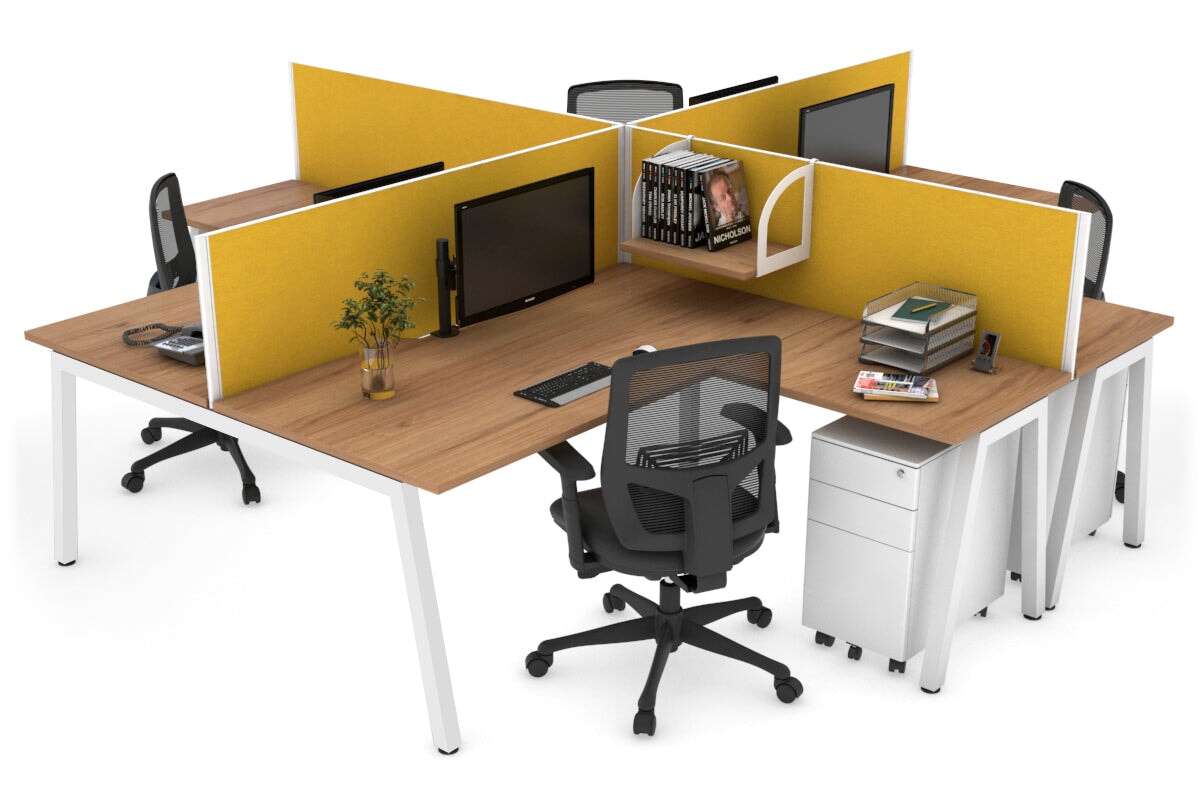 Quadro A leg 4 Person Corner Workstations [1400L x 1800W with Cable Scallop] Jasonl white leg salvage oak mustard yellow