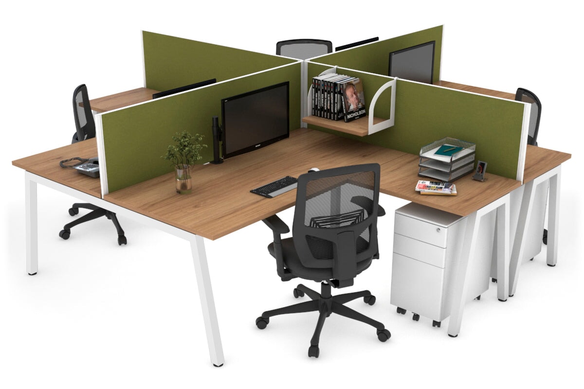 Quadro A leg 4 Person Corner Workstations [1400L x 1800W with Cable Scallop] Jasonl white leg salvage oak green moss