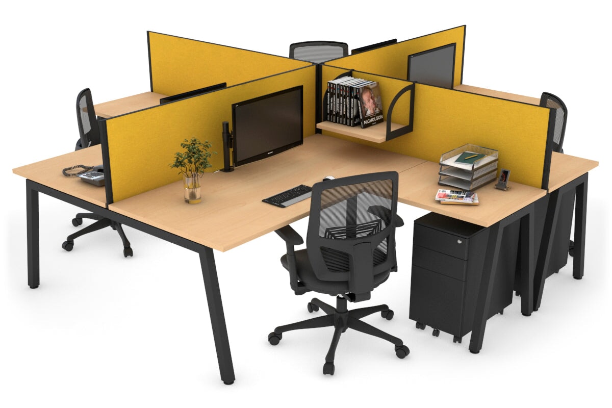 Quadro A leg 4 Person Corner Workstations [1400L x 1800W with Cable Scallop] Jasonl black leg maple mustard yellow