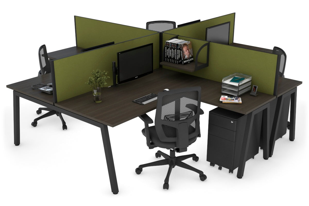 Quadro A leg 4 Person Corner Workstations [1400L x 1800W with Cable Scallop] Jasonl black leg dark oak green moss