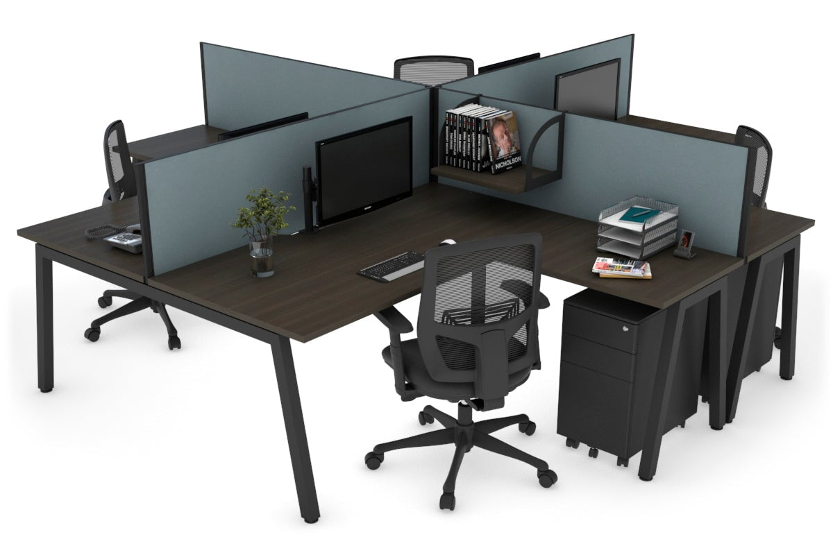 Quadro A leg 4 Person Corner Workstations [1400L x 1800W with Cable Scallop] Jasonl black leg dark oak cool grey