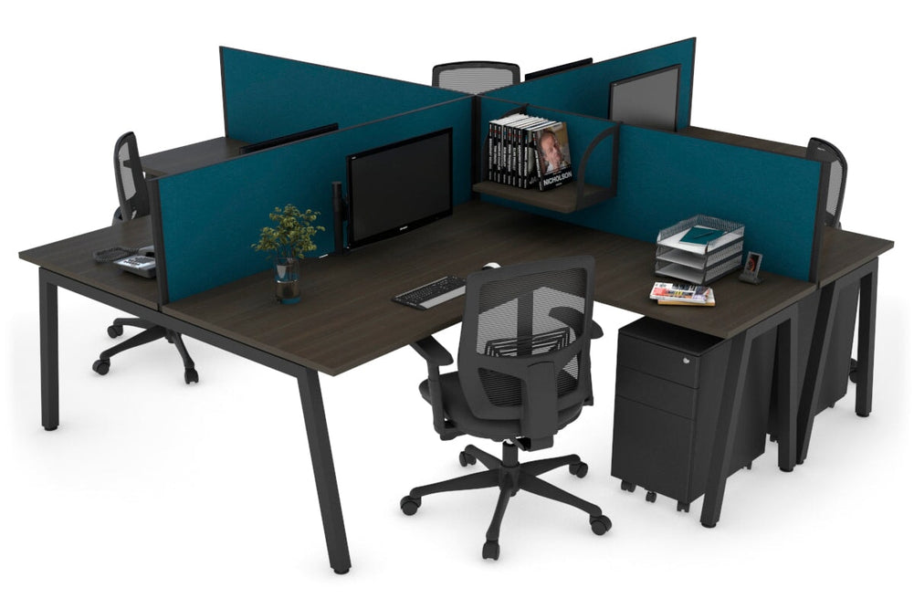 Quadro A Legs 4 Person Corner Workstation [1600L x 1800W with Cable Scallop]-black leg dark oak deep blue