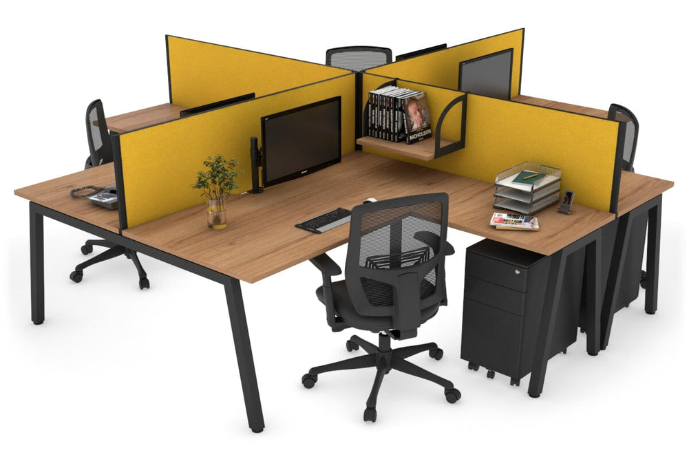 Quadro A Legs 4 Person Corner Workstation [1600L x 1800W with Cable Scallop]-black leg salvage oak mustard yellow