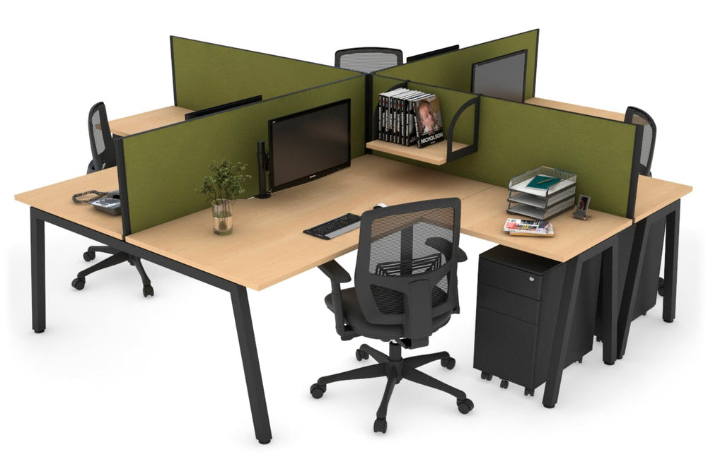 Quadro A Legs 4 Person Corner Workstation [1600L x 1800W with Cable Scallop]-black leg maple green moss