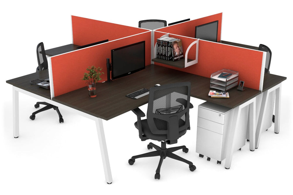 Quadro A Legs 4 Person Corner Workstation [1600L x 1800W with Cable Scallop]-white leg dark oak squash orange