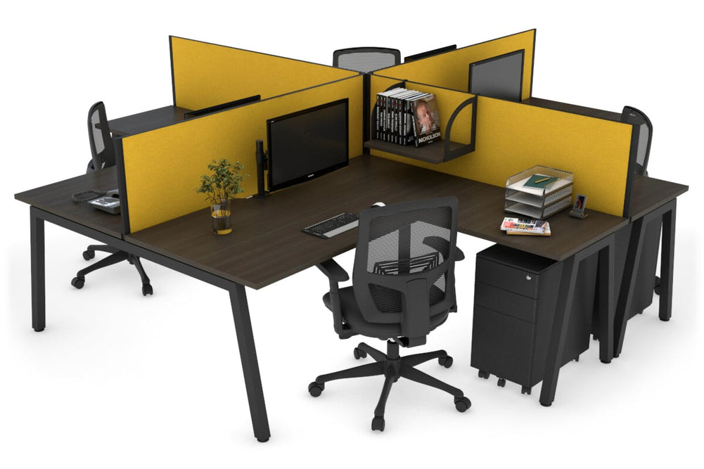 Quadro A Legs 4 Person Corner Workstation [1800L x 1800W with Cable Scallop]-black leg dark oak mustard yellow