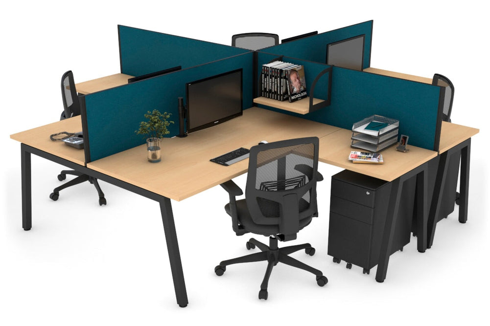 Quadro A Legs 4 Person Corner Workstation [1800L x 1800W with Cable Scallop]-black leg maple deep blue