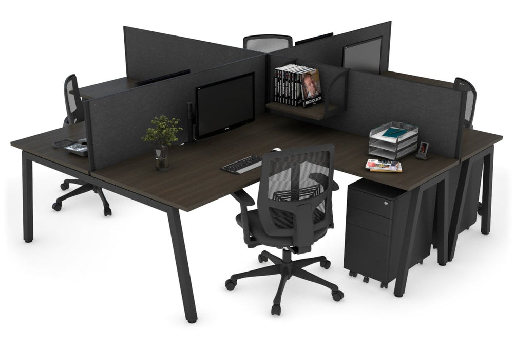 Quadro A Legs 4 Person Corner Workstation [1800L x 1800W with Cable Scallop]-black leg dark oak moody charcoal