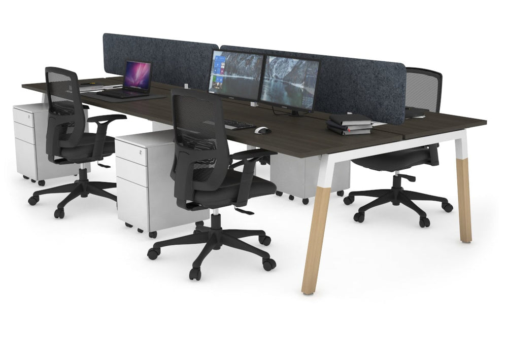 Quadro A Legs 4 Person Office Workstation - Wood Legs Cross Beam [1200L x 700W]-white leg dark oak dark grey acoustic panel (400H x 1200W)