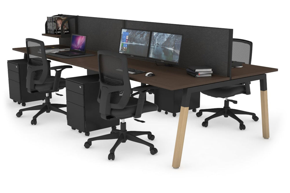 Quadro A Legs 4 Person Office Workstation - Wood Legs Cross Beam [1200L x 700W]-black leg dark oak moody charcoal (500H x 1200W)