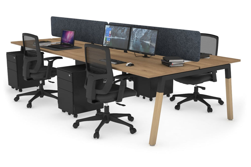 Quadro A Legs 4 Person Office Workstation - Wood Legs Cross Beam [1200L x 700W]-black leg salvage oak dark grey acoustic panel (400H x 1200W)
