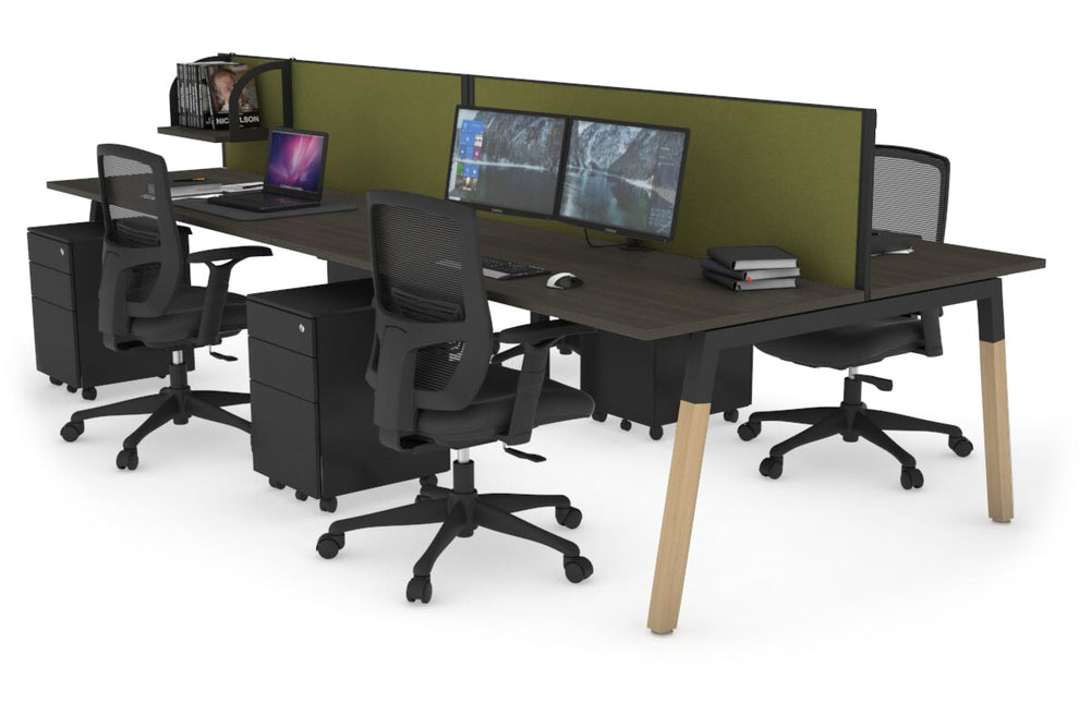 Quadro A Legs 4 Person Office Workstation - Wood Legs Cross Beam [1200L x 700W]-black leg dark oak green moss (500H x 1200W)