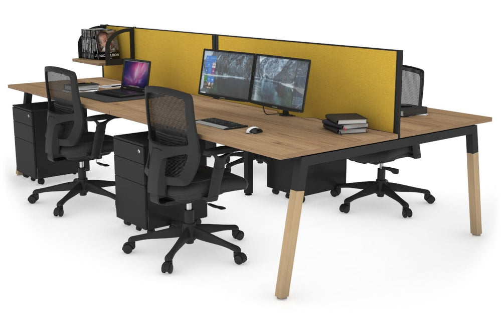 Quadro A Legs 4 Person Office Workstation - Wood Legs Cross Beam [1200L x 800W with Cable Scallop]-black leg salvage oak mustard yellow (500H x 1200W)
