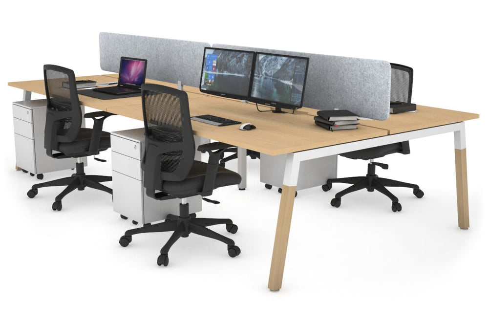 Quadro A Legs 4 Person Office Workstation - Wood Legs Cross Beam [1200L x 800W with Cable Scallop]-white leg maple light grey acoustic panel (400H x 1200W)