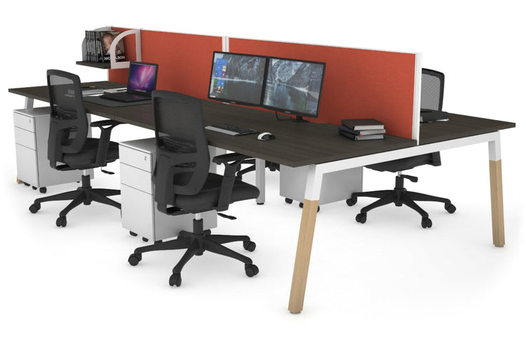 Quadro A Leg 4 Person Office Workstations - Wood Leg Cross Beam [1200L x 800W with Cable Scallop] Jasonl white leg dark oak orange squash (500H x 1200W)