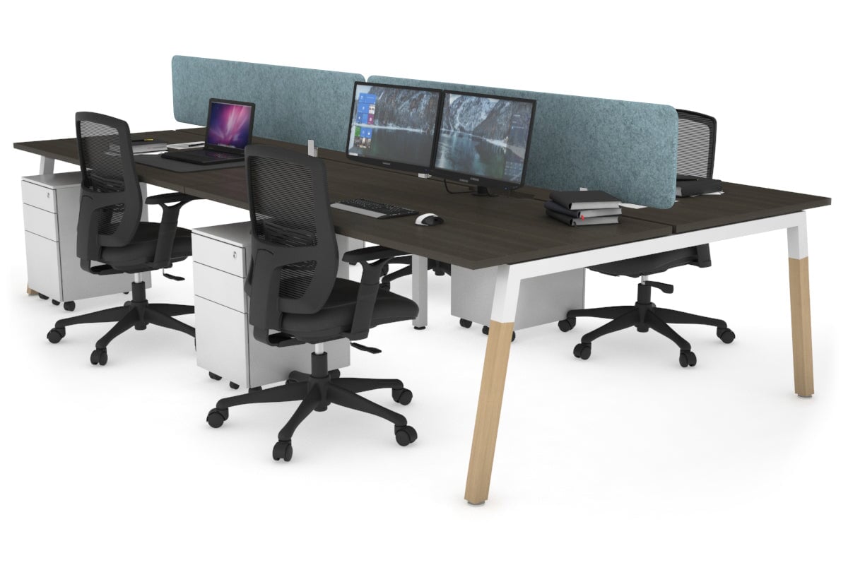Quadro A Leg 4 Person Office Workstations - Wood Leg Cross Beam [1200L x 800W with Cable Scallop] Jasonl white leg dark oak blue echo panel (400H x 1200W)