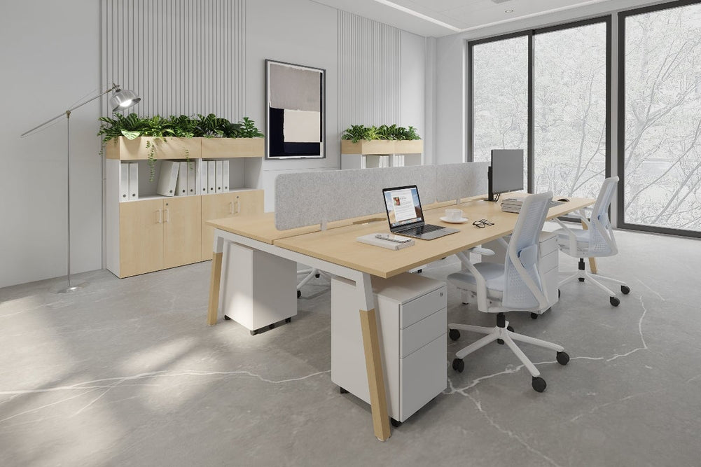 Quadro A Legs 4 Person Office Workstation - Wood Legs Cross Beam [1200L x 800W with Cable Scallop]-black leg dark oak moody charcoal (500H x 1200W)