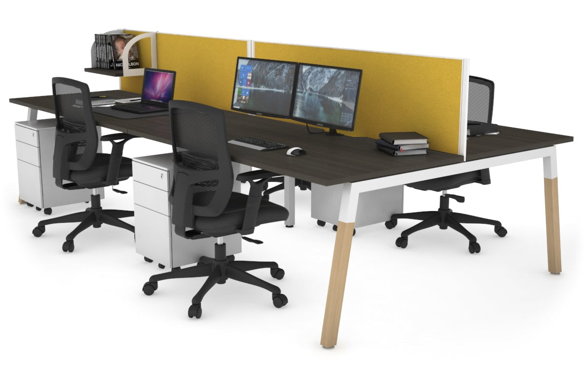 Quadro A Leg 4 Person Office Workstations - Wood Leg Cross Beam [1200L x 800W with Cable Scallop] Jasonl white leg dark oak mustard yellow (500H x 1200W)