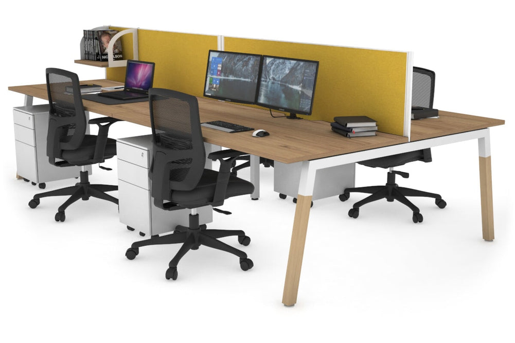 Quadro A Legs 4 Person Office Workstation - Wood Legs Cross Beam [1200L x 800W with Cable Scallop]-white leg salvage oak mustard yellow (500H x 1200W)