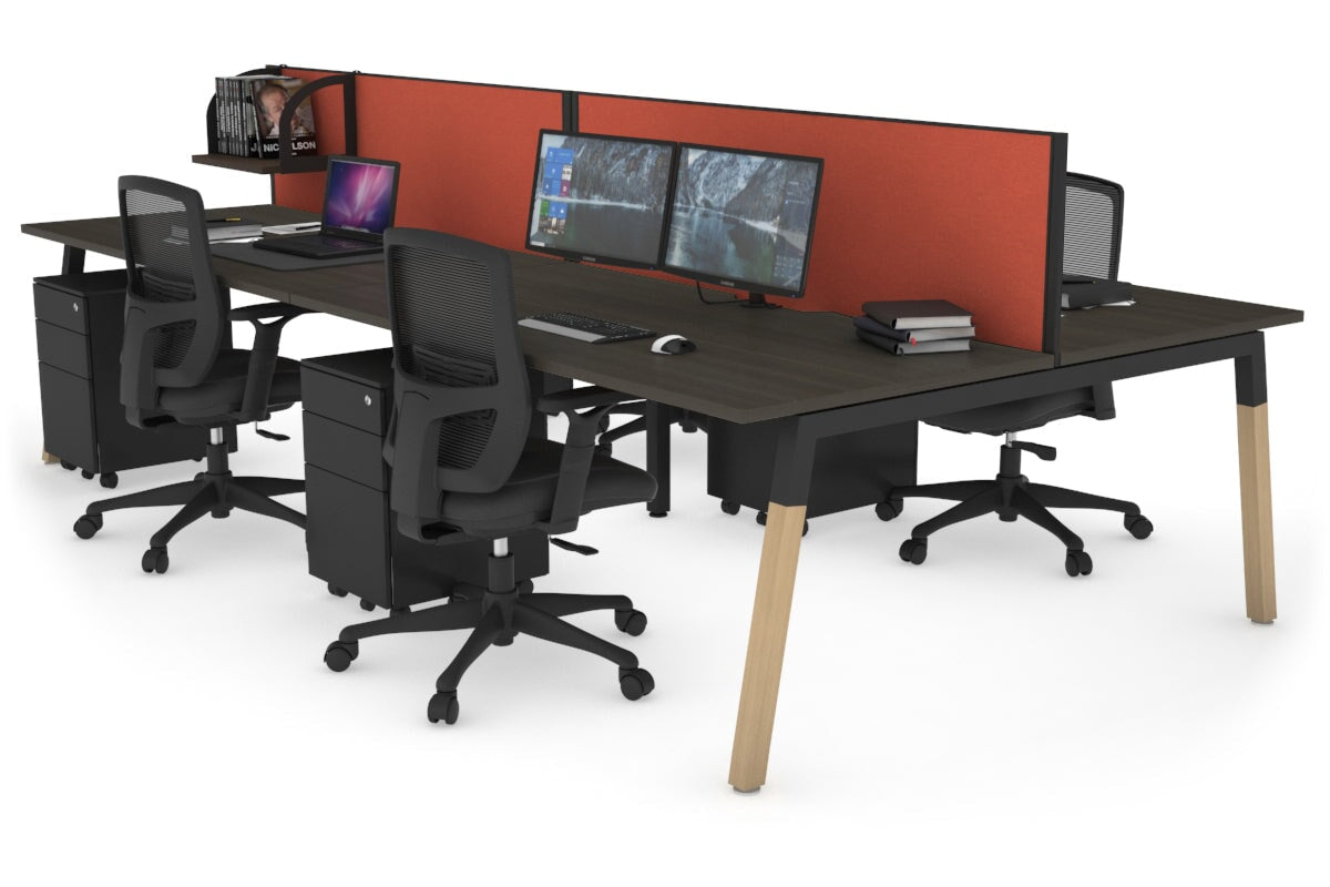 Quadro A Leg 4 Person Office Workstations - Wood Leg Cross Beam [1200L x 800W with Cable Scallop] Jasonl black leg dark oak orange squash (500H x 1200W)