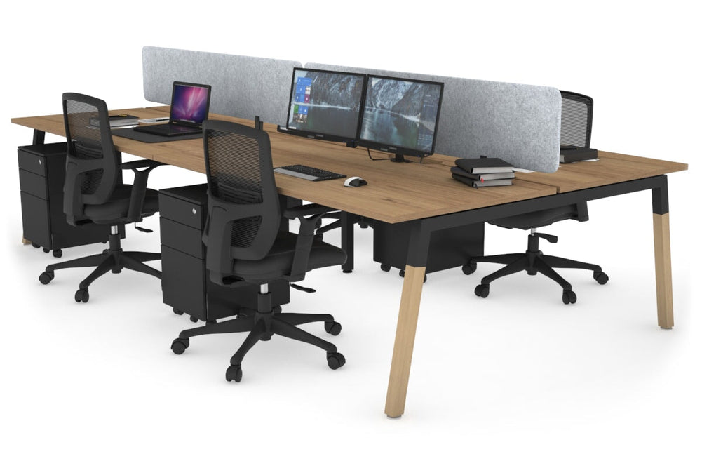 Quadro A Legs 4 Person Office Workstation - Wood Legs Cross Beam [1200L x 800W with Cable Scallop]-black leg salvage oak light grey acoustic panel (400H x 1200W)