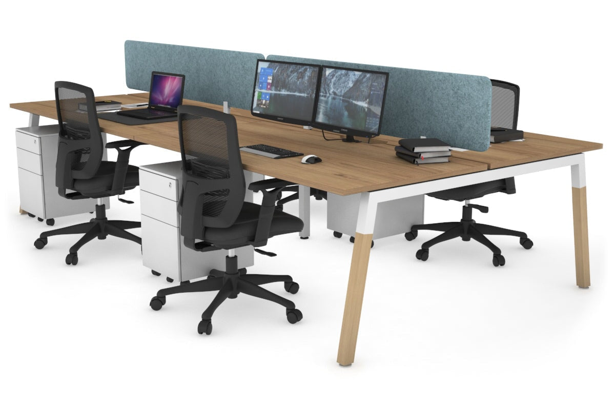 Quadro A Leg 4 Person Office Workstations - Wood Leg Cross Beam [1200L x 800W with Cable Scallop] Jasonl white leg salvage oak blue echo panel (400H x 1200W)