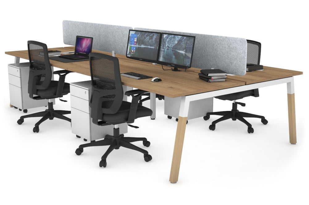Quadro A Legs 4 Person Office Workstation - Wood Legs Cross Beam [1200L x 800W with Cable Scallop]-white leg salvage oak light grey acoustic panel (400H x 1200W)