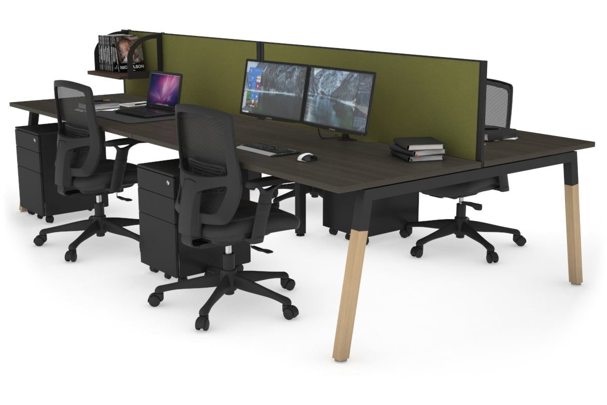 Quadro A Leg 4 Person Office Workstations - Wood Leg Cross Beam [1200L x 800W with Cable Scallop] Jasonl black leg dark oak green moss (500H x 1200W)