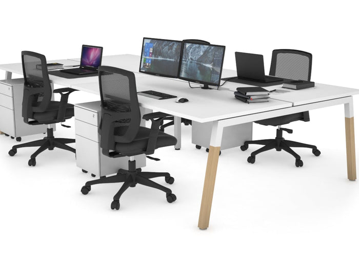 Quadro A Leg 4 Person Office Workstations - Wood Leg Cross Beam [1200L x 800W with Cable Scallop] Jasonl white leg white none
