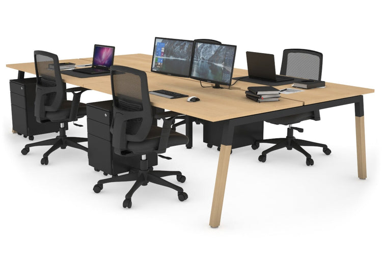 Quadro A Leg 4 Person Office Workstations - Wood Leg Cross Beam [1200L x 800W with Cable Scallop] Jasonl black leg maple none
