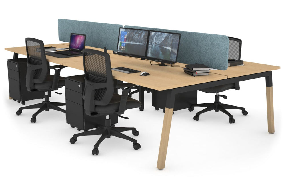 Quadro A Legs 4 Person Office Workstation - Wood Legs Cross Beam [1200L x 800W with Cable Scallop]-black leg maple blue acoustic panel (400H x 1200W)