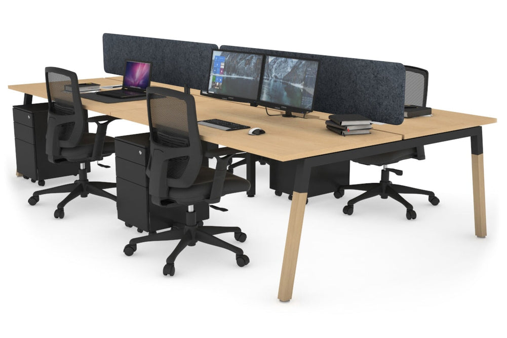Quadro A Legs 4 Person Office Workstation - Wood Legs Cross Beam [1200L x 800W with Cable Scallop]-black leg maple dark grey acoustic panel (400H x 1200W)